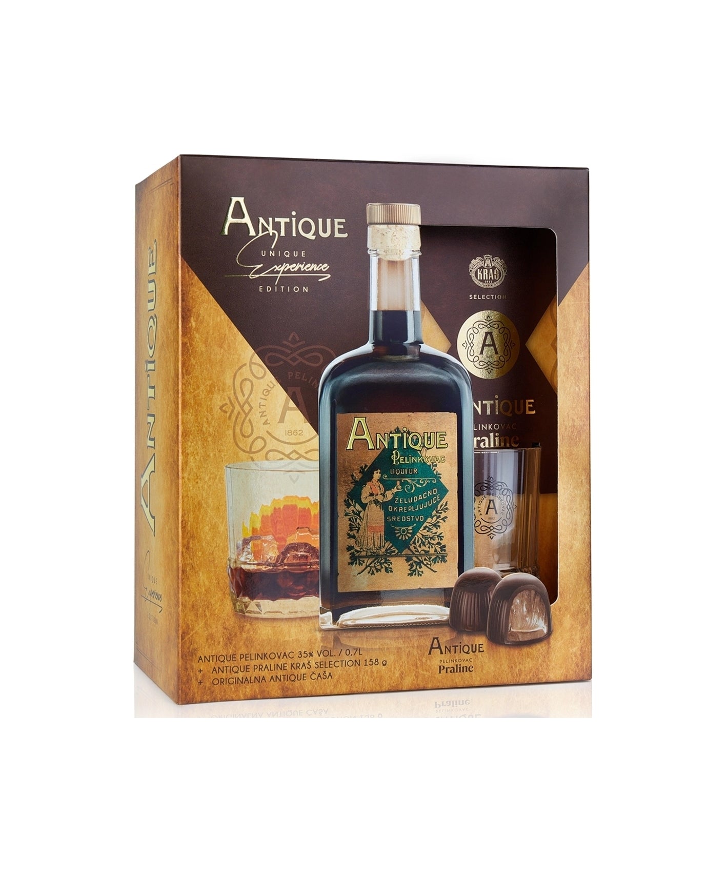 Badel Antique Pelinkovac 0,70 L Darilno pakiranje s pralino in kozarcem