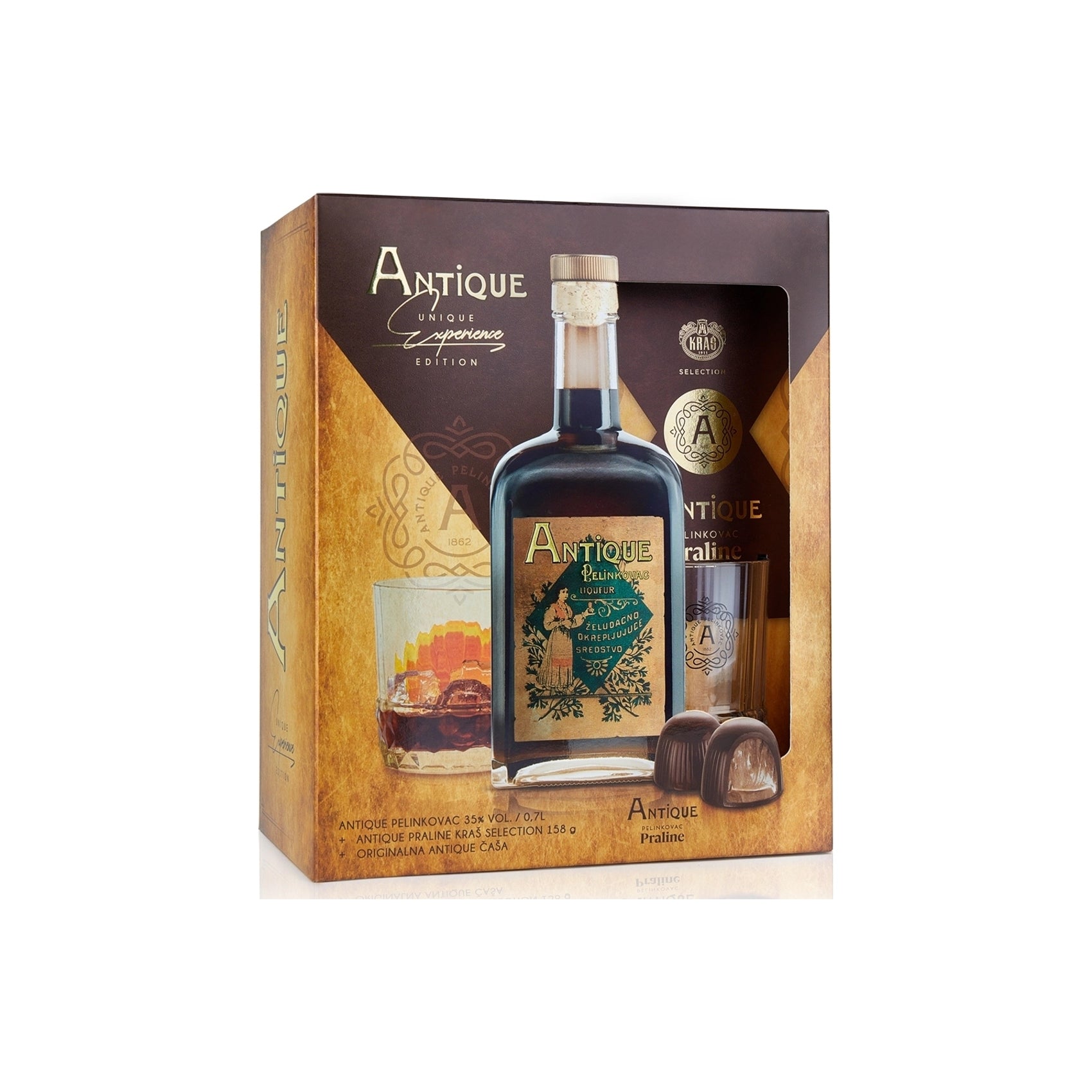 Badel Antique Pelinkovac 0,70 L Darilno pakiranje s pralino in kozarcem