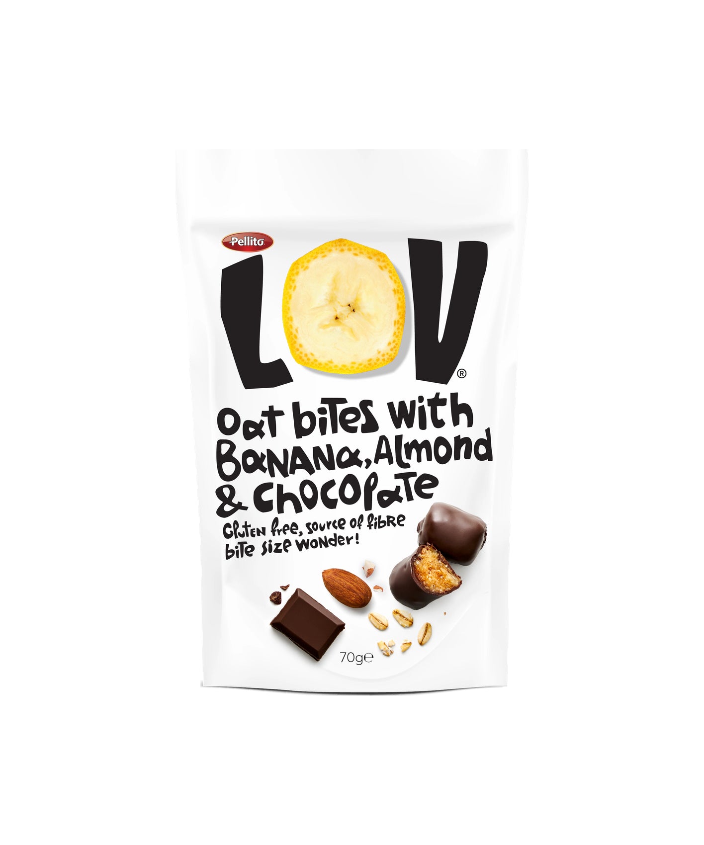 Pellito LOV Oat Bites Obliti s Čokolado Banana in Mandelj 70 g