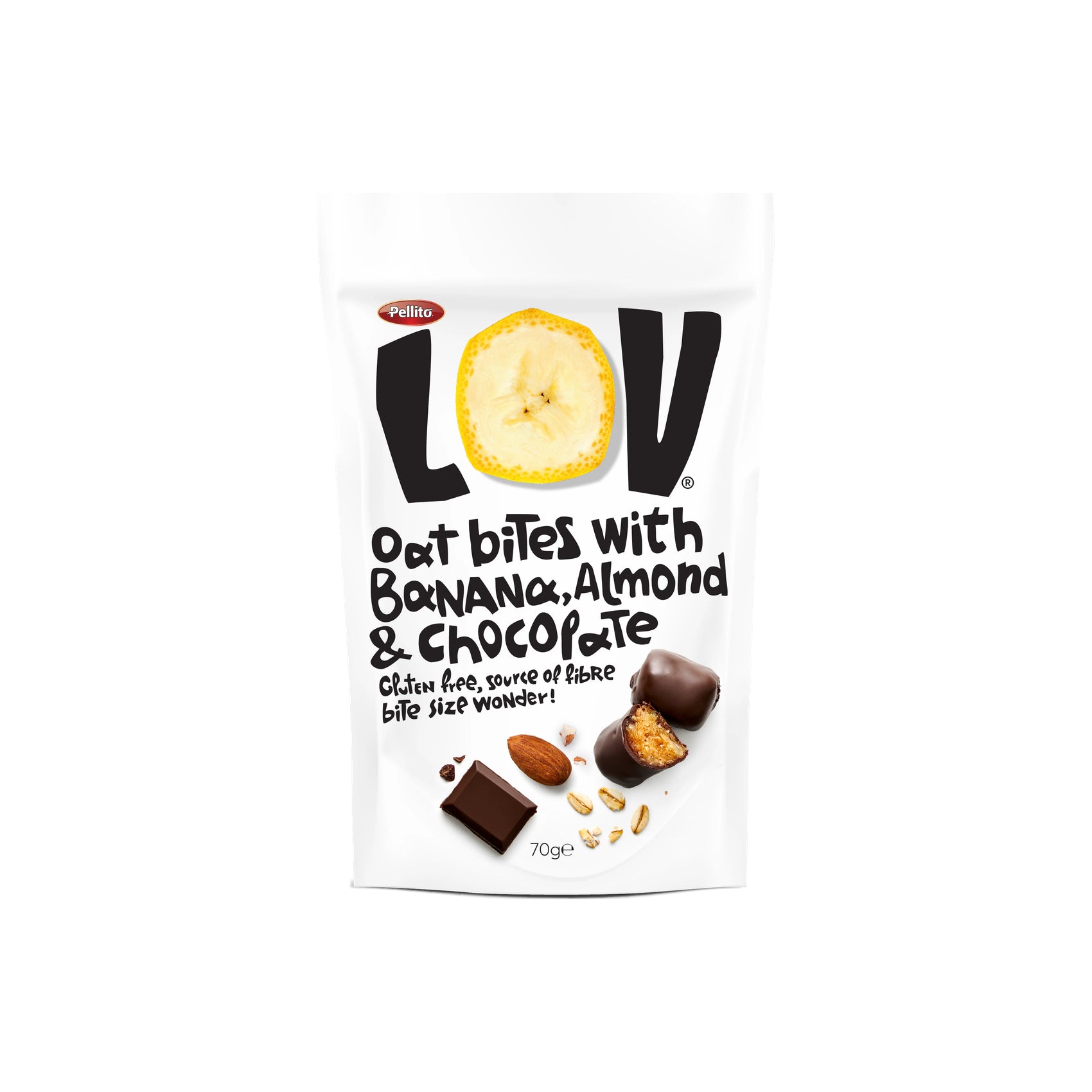 Pellito LOV Oat Bites Obliti s Čokolado Banana in Mandelj 70 g