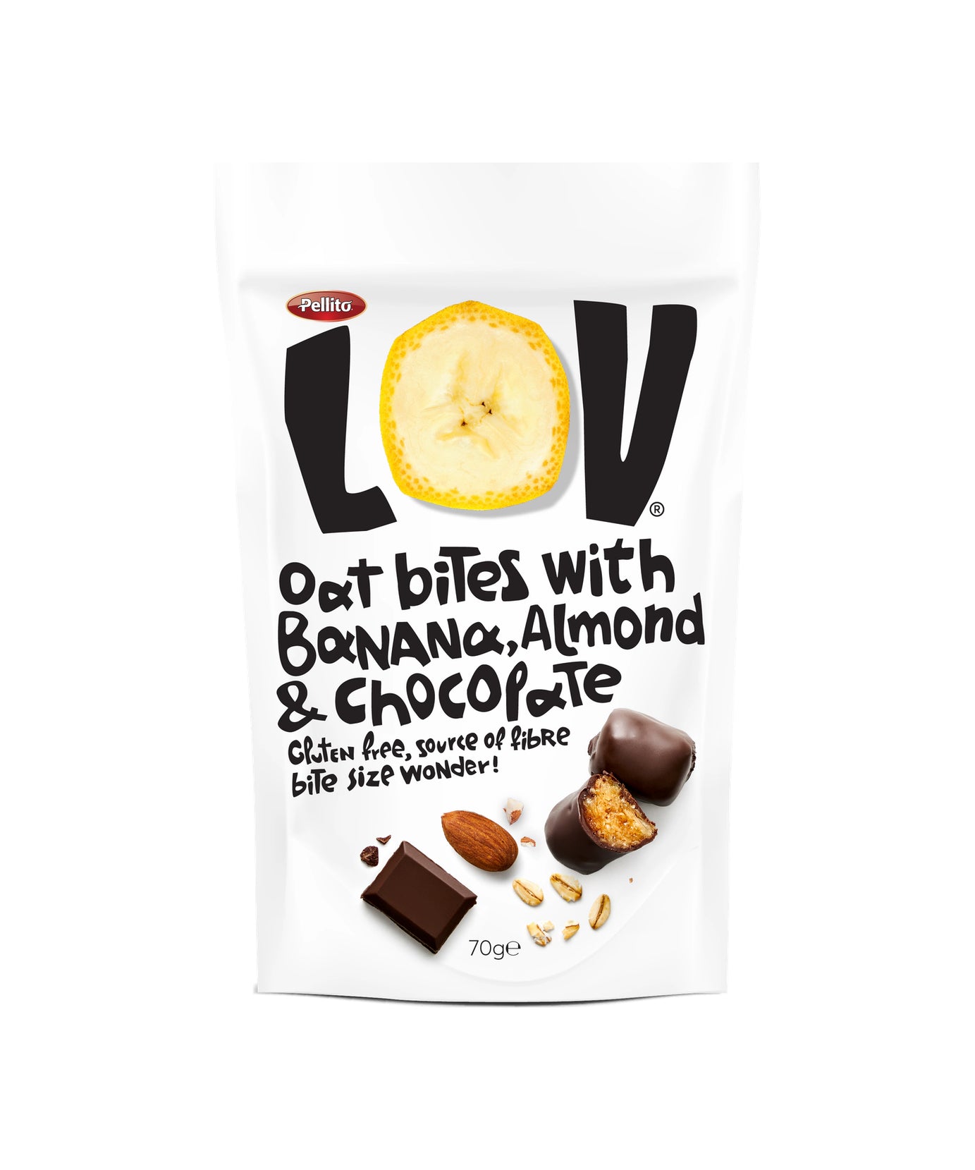 Pellito LOV Oat Bites Obliti s Čokolado Banana in Mandelj / 70 g