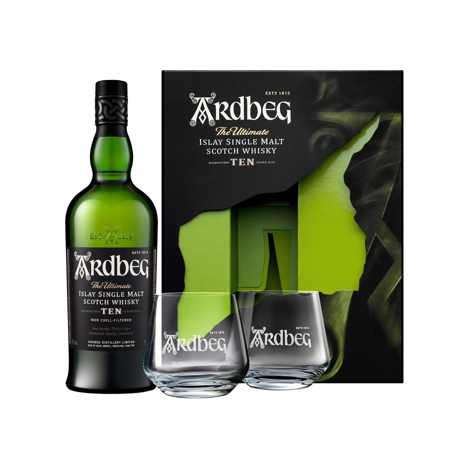 Ardbeg Ten z dvema kozarcema
