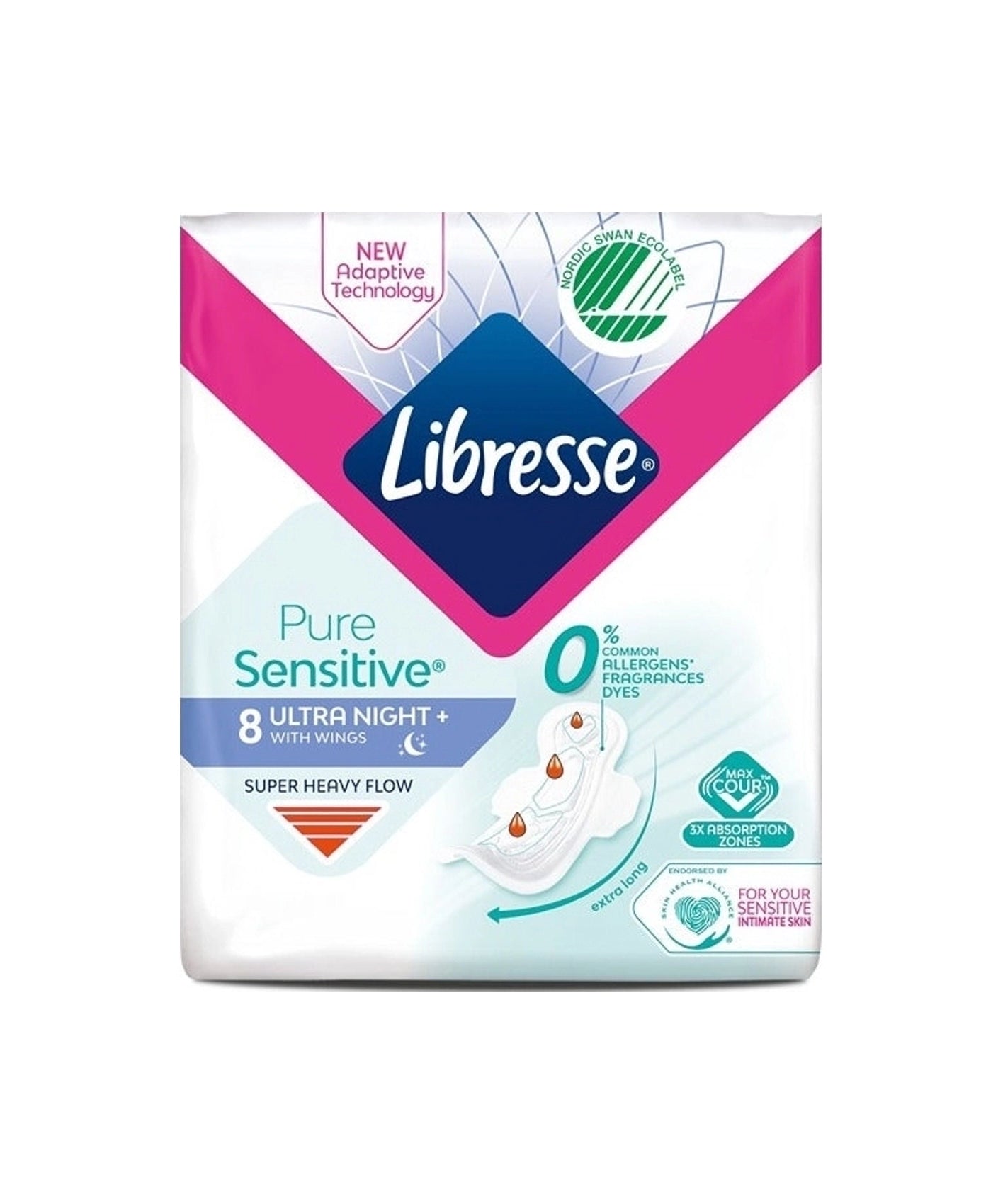 Libresse Nočni vložki za Perilo Pure Sensitive s Krilci z Močno vpojnostjo Namenjen Občutljivi Koži 8 vložkov