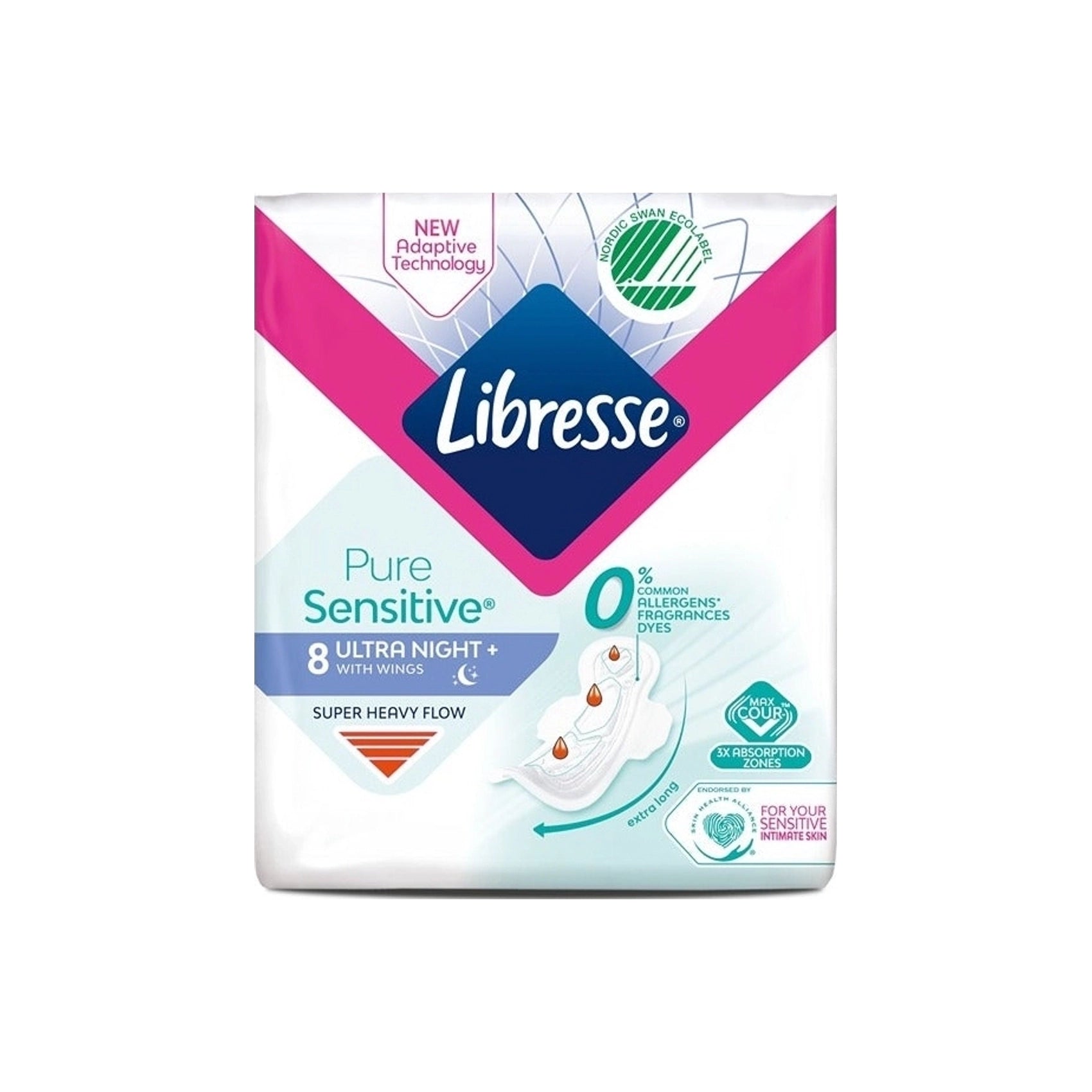 Libresse Nočni vložki za Perilo Pure Sensitive s Krilci z Močno vpojnostjo Namenjen Občutljivi Koži 8 vložkov