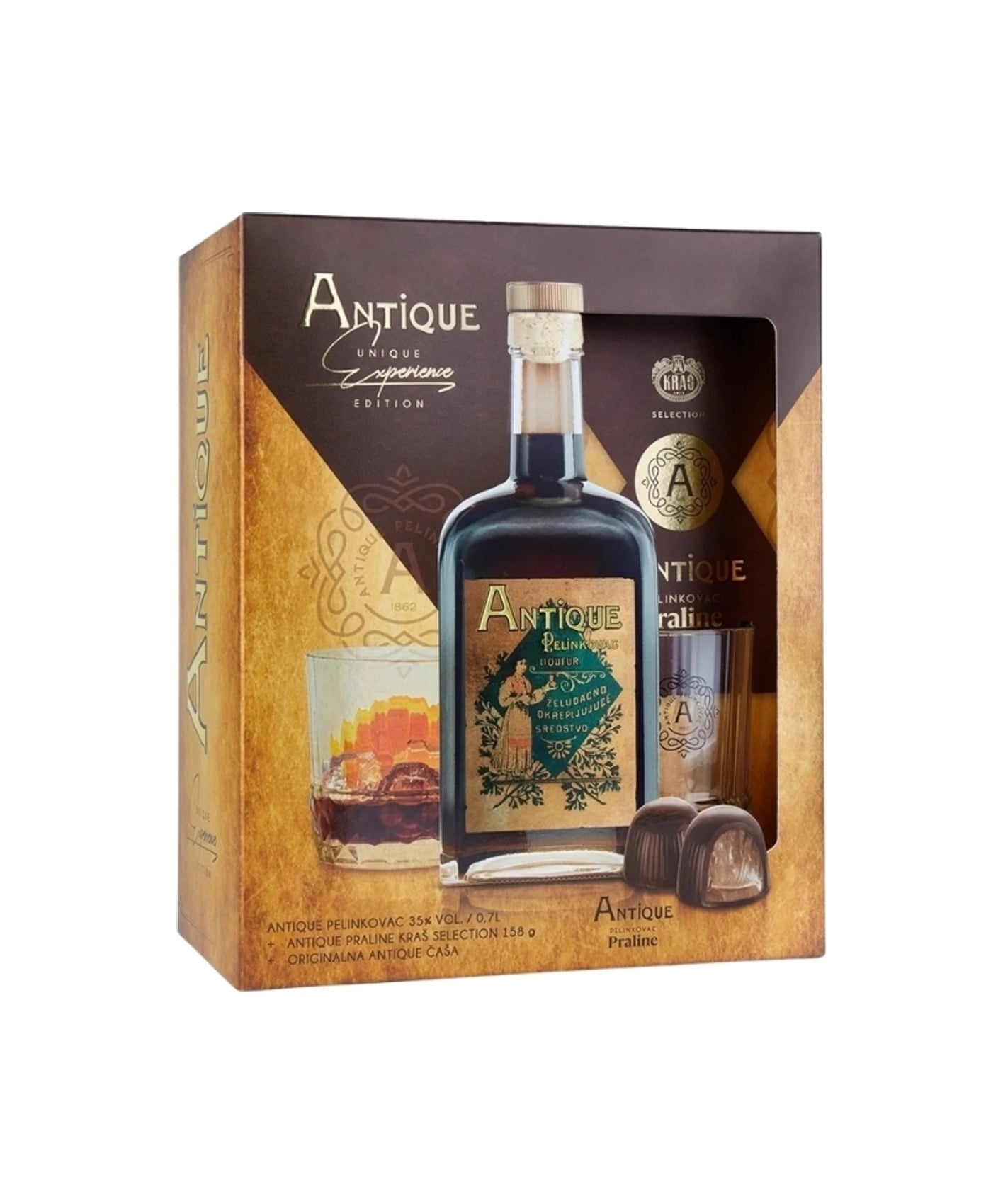 Badel Antique Pelinkovac 0,70 L Darilno pakiranje s pralino in kozarcem