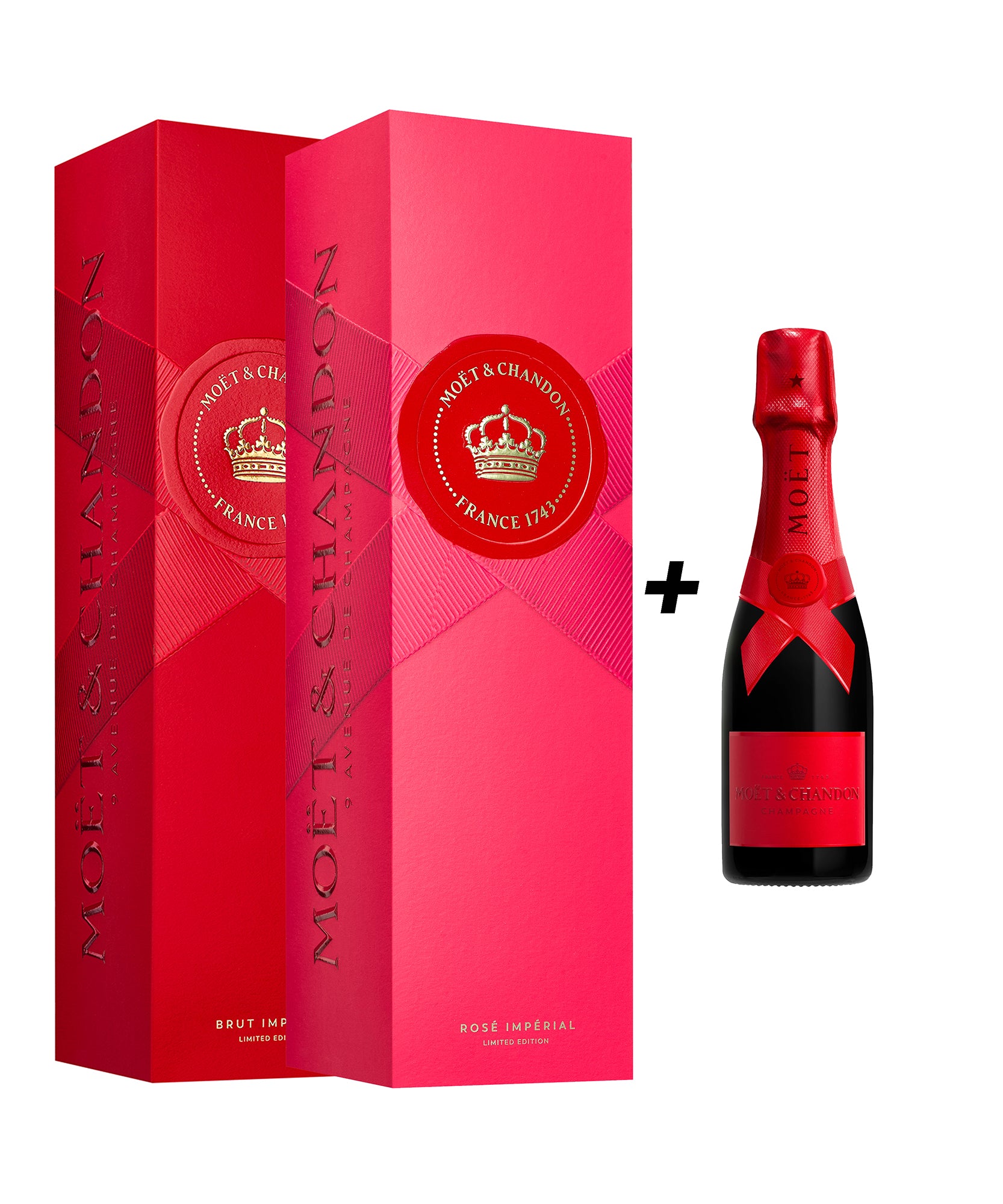 Ob nakupu Moët Impérial Brut v škatli + Moët Rosé Impérial v škatli prejmete mini rdečo steklenico Moët Chandon Brut