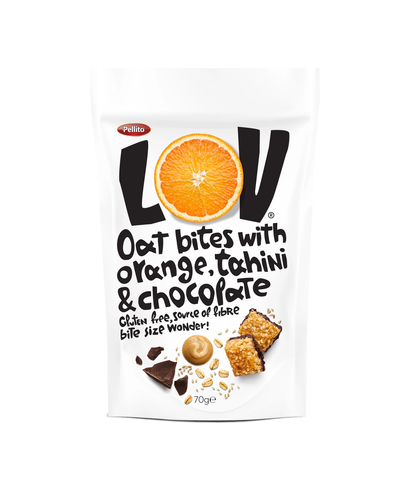 Pellito LOV Oat Bites Delno Obliti s Čokolado Pomaranča in Tahini / 70 g