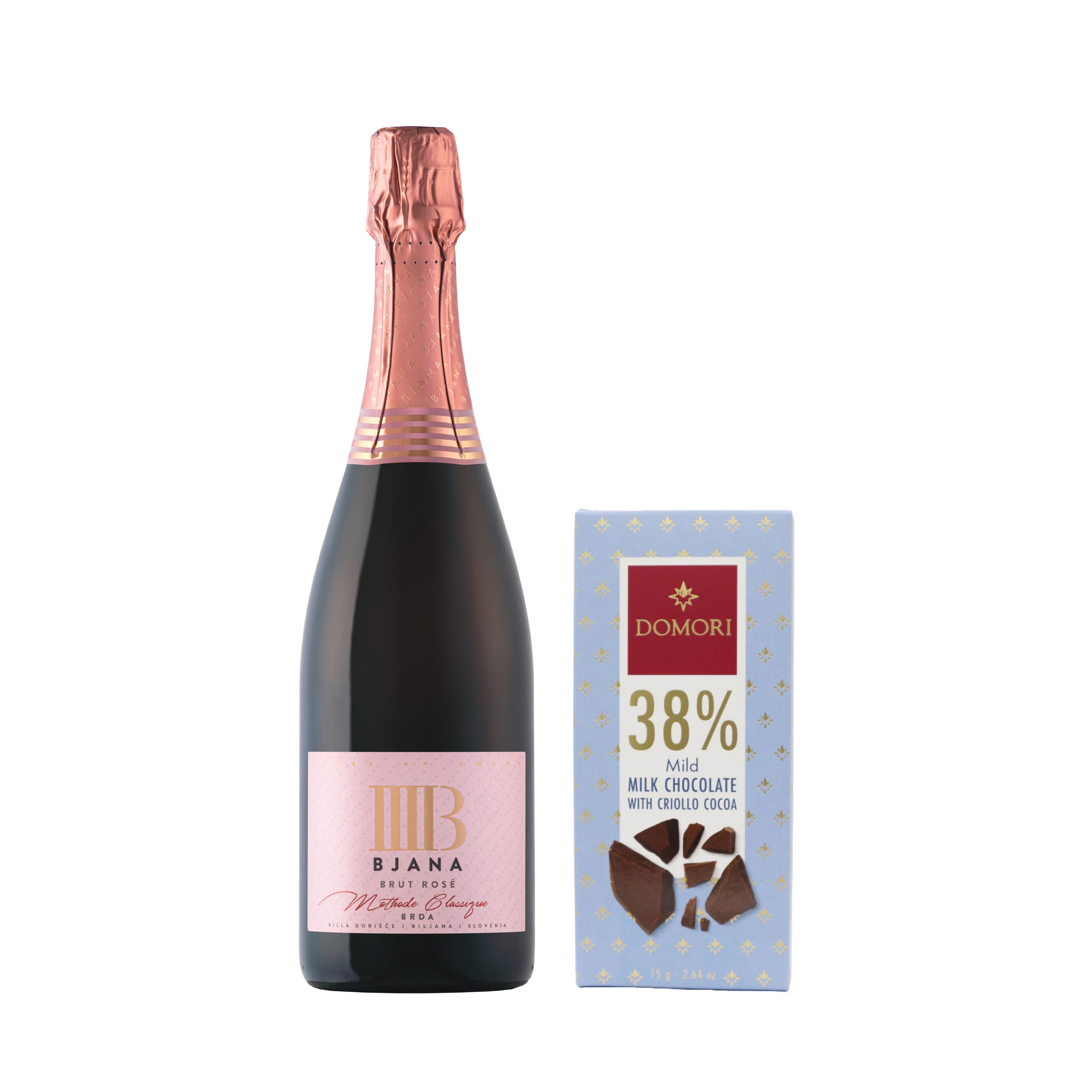 Bjana Brut Rosé & Domori Criollo Milk (38 %)